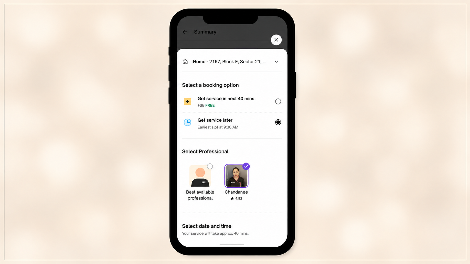 **Alt text:** A mobile app booking summary screen displaying service scheduling options. Users can choose between immediate service or a later time slot, select a preferred professional from available profiles, and proceed to choose a service date and time. The interface uses clear sections, radio buttons, profile cards, and a clean, modern layout for an intuitive booking experience.