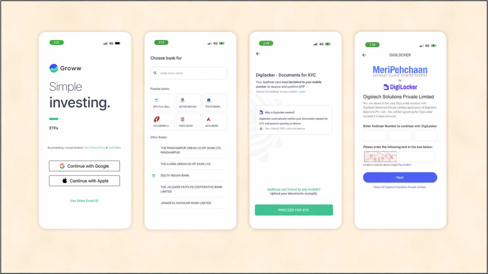Original four Groww onboarding and KYC screens displayed exactly as captured, centered on a soft cream-colored blurred background within a 16:9 canvas. A thin 0.75px black border outlines only the outer edge of the final image. The screenshots remain completely unchanged, preserving all original interface elements, text, colors, icons, spacing, and proportions. From left to right, the screens show: the Groww sign-in page with Google and Apple login options; a bank selection screen with search and popular bank shortcuts; a DigiLocker KYC information screen explaining Aadhaar verification with a Proceed for KYC button; and a DigiLocker Aadhaar verification page requesting Aadhaar details and CAPTCHA verification with a Next button.