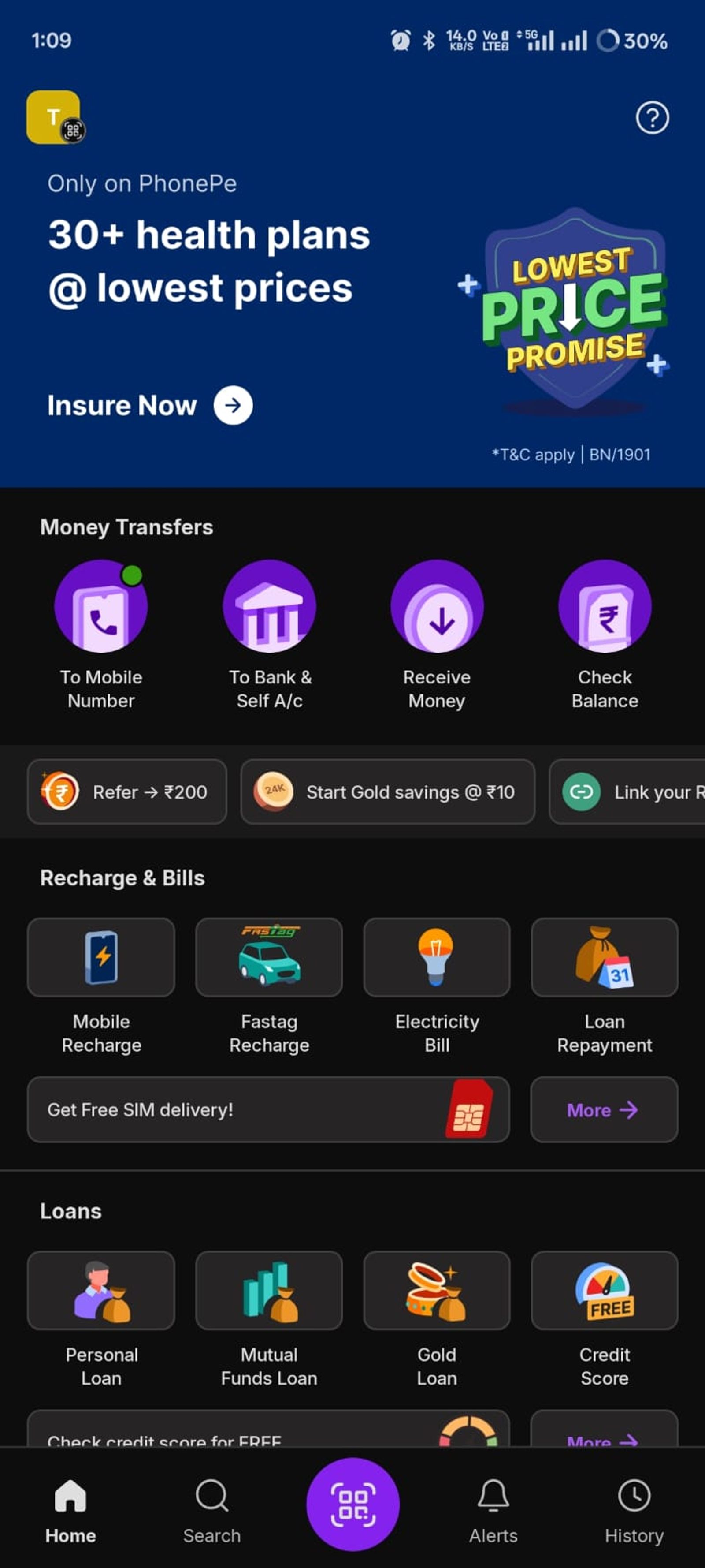 PhonePe app home screen, blue background, icons for money transfers, recharge, bills, loans, and health plans ad. Text and colorful icons present.