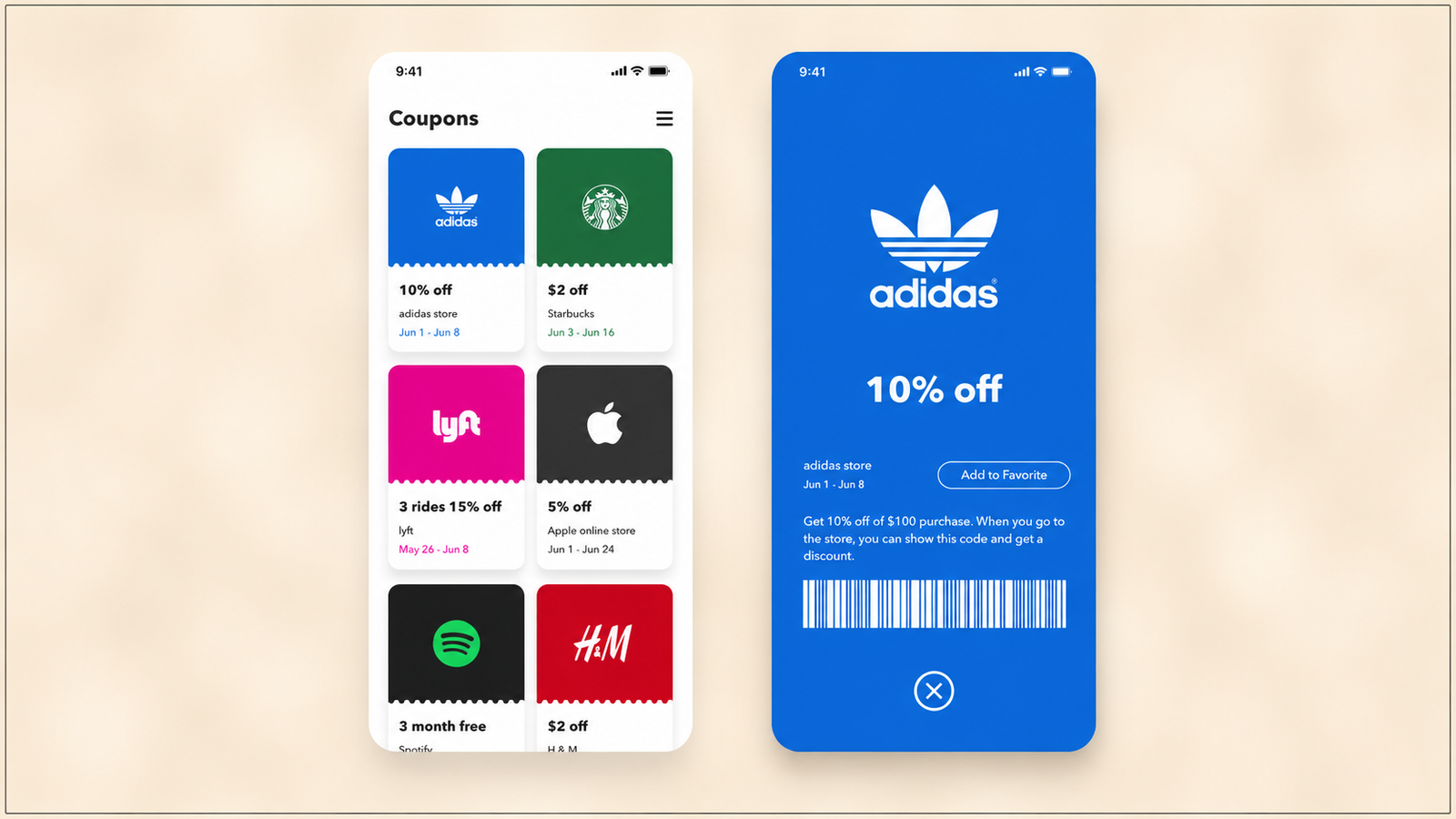 Mobile app displaying digital rewards and coupons.