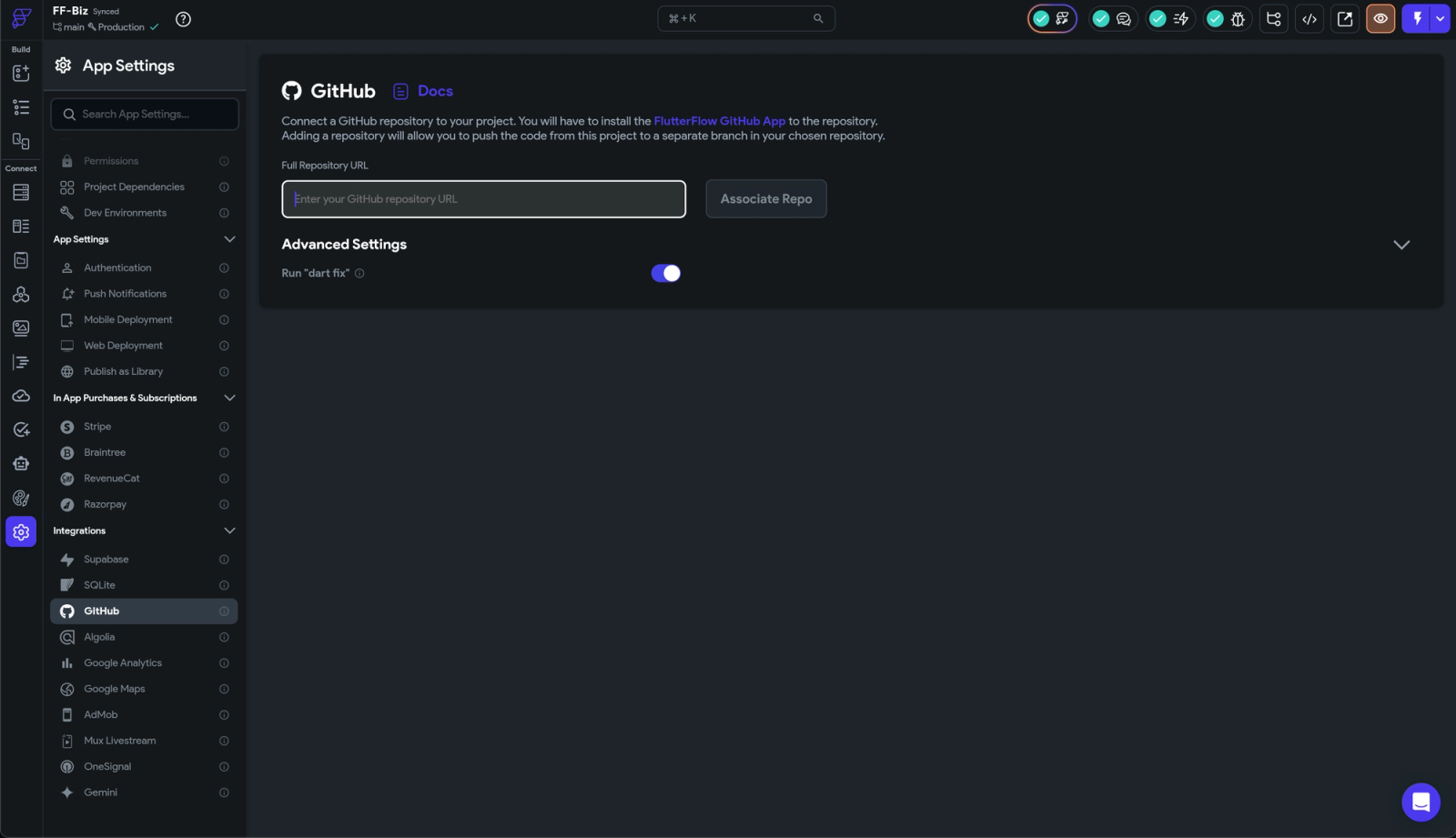 App settings screen showing GitHub integration with a field to enter a repository URL, an option to associate the repo, and advanced settings including a toggle for running “dart fix.”