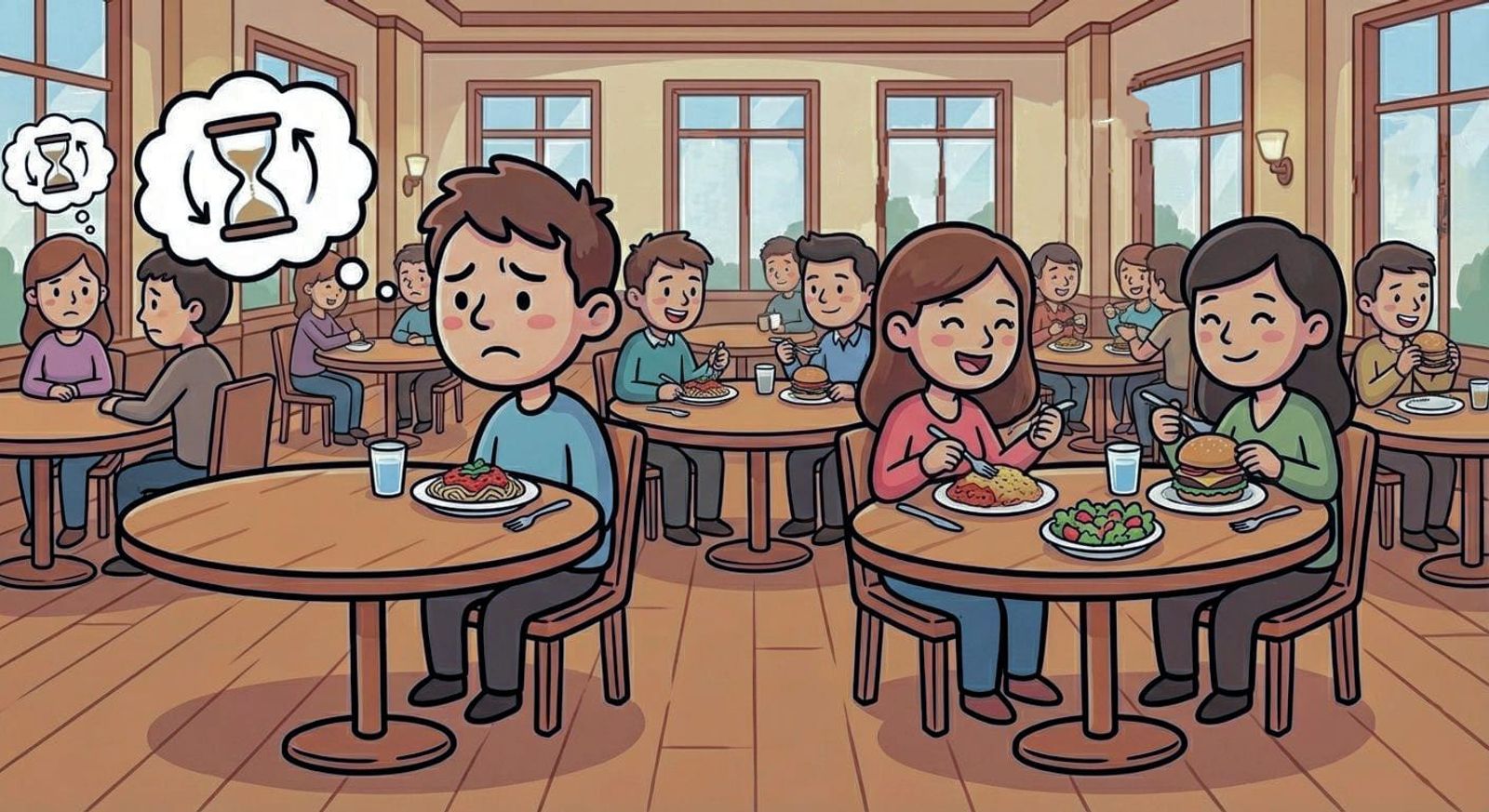 A sad boy with spaghetti imagines an hourglass in a busy cafeteria. Nearby, others are happily eating, suggesting impatience or stress.