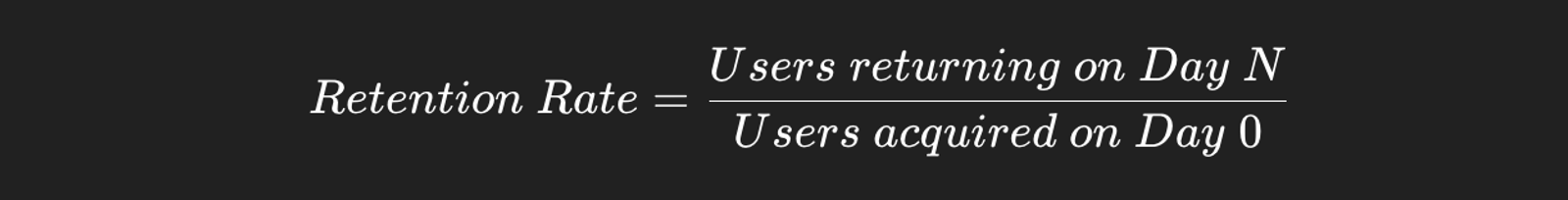 Retention Rate formula on a dark background: Users returning on Day N divided by Users acquired on Day 0.