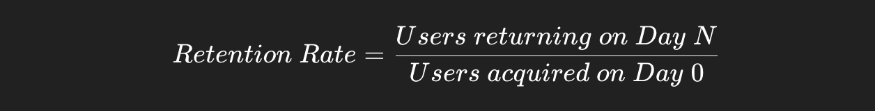 Retention Rate formula on a dark background: Users returning on Day N divided by Users acquired on Day 0.