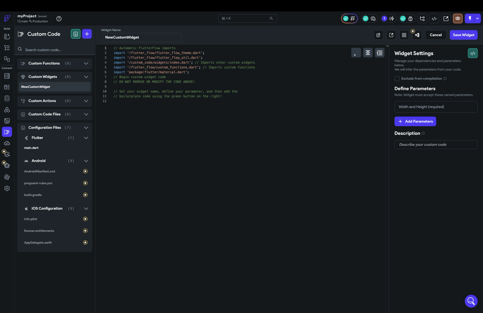 Custom code editor interface showing a Flutter widget file with imports and scaffolded code, a left sidebar for project files and custom widgets, and a right panel for widget settings and parameters.