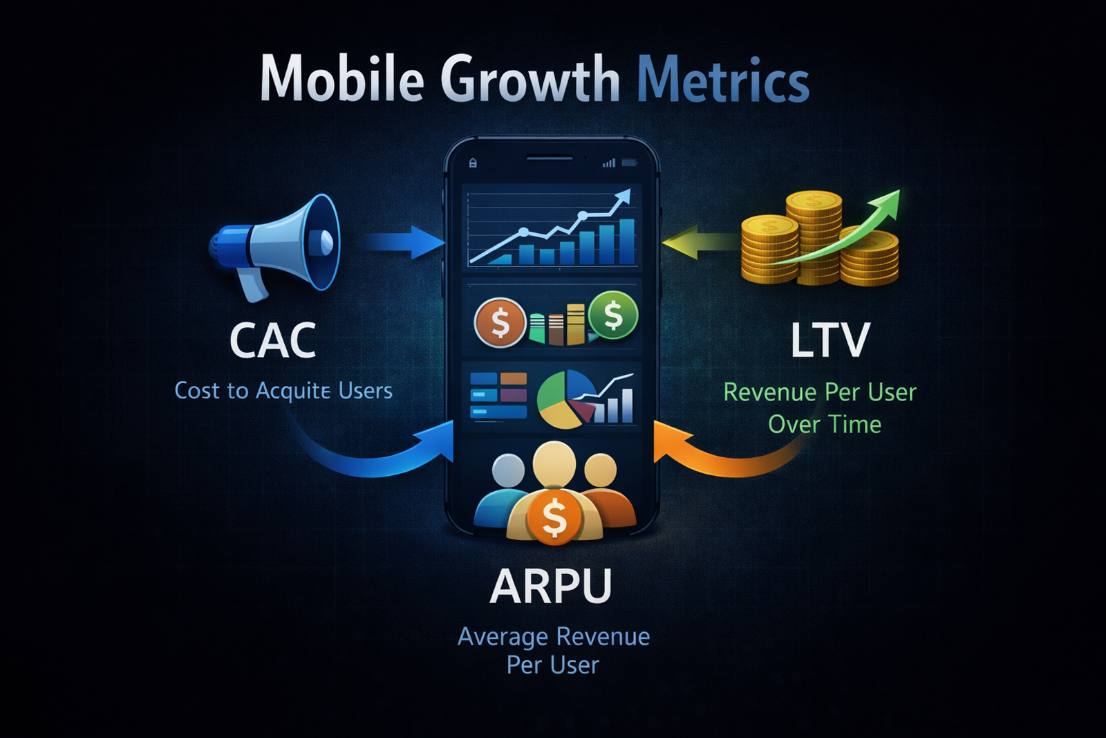 Smartphone with charts illustrating Mobile Growth Metrics: CAC, LTV, and ARPU, with colorful arrows and coins, on a dark background.