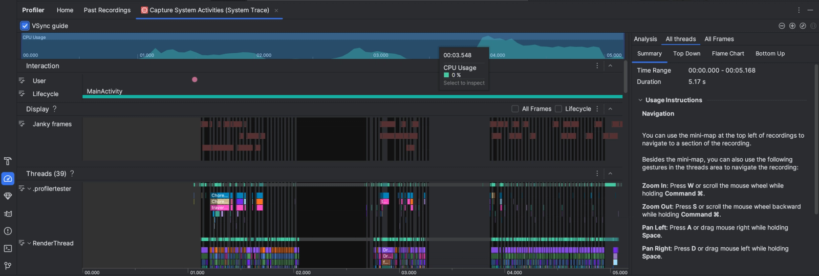 Profiler tool interface showing CPU usage graph, timeline of activities, and thread details. Navigation instructions on the right panel.