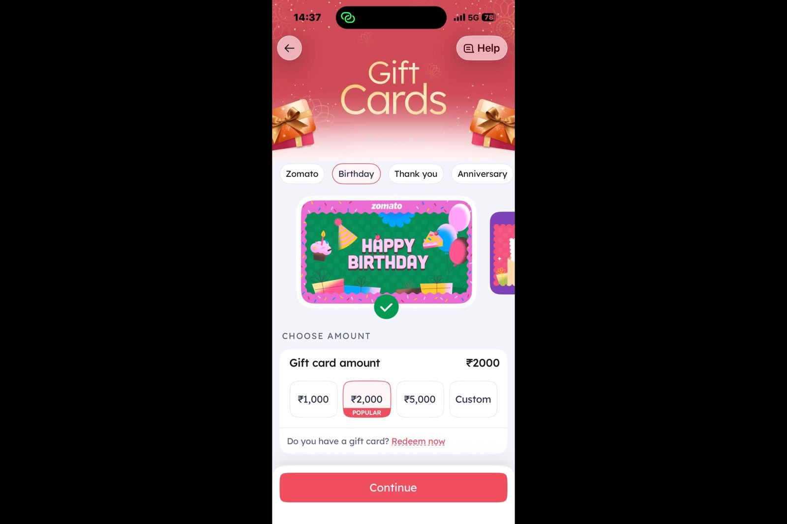 Zomato gift card interface allowing users to purchase and send prepaid food delivery or dining credits to friends and family.