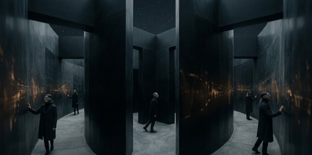 A dark, minimalist scene showing a glowing, arched doorway with a shadowy figure standing inside, partially reflected on a glossy floor, creating a mysterious and atmospheric mood.