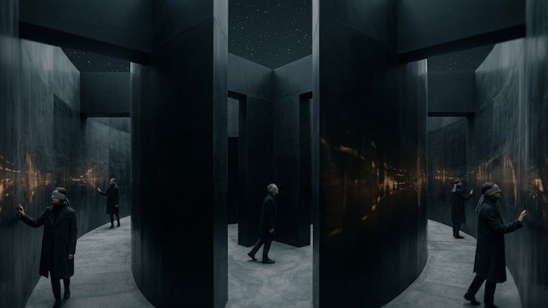 A dark, minimalist scene showing a glowing, arched doorway with a shadowy figure standing inside, partially reflected on a glossy floor, creating a mysterious and atmospheric mood.