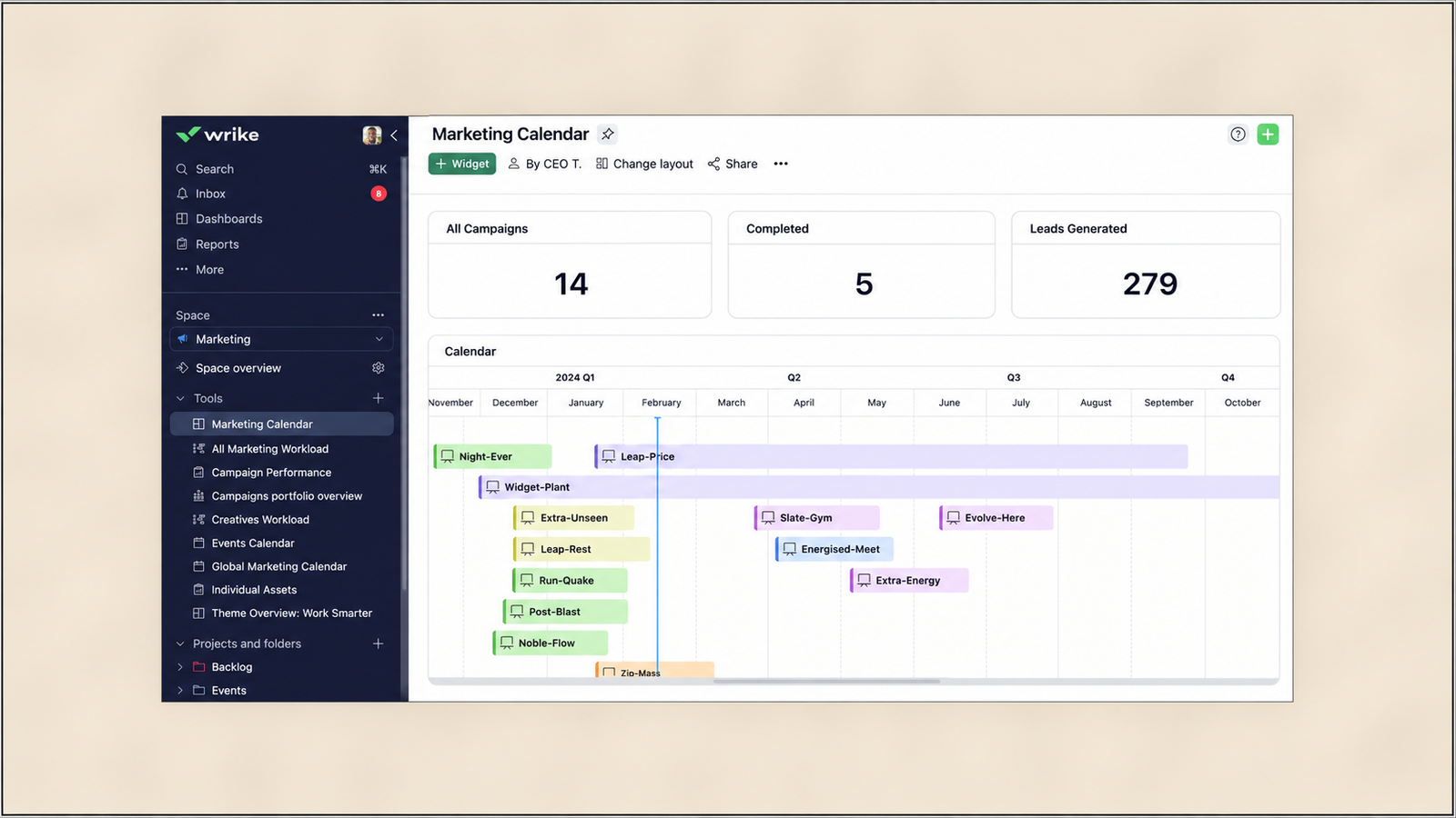 Original Wrike Marketing Calendar dashboard screenshot displayed exactly as captured, centered on a soft cream-colored blurred background within a 16:9 canvas. A thin 0.75px black border outlines the outer edge of the final image only. The screenshot itself remains completely unchanged, preserving all original interface elements, text, colors, icons, layout, and proportions. The dashboard features a dark navigation sidebar, summary cards showing 14 total campaigns, 5 completed campaigns, and 279 leads generated, along with a timeline-based marketing calendar displaying color-coded campaign schedules across multiple months.