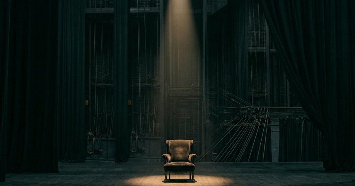 A single vintage armchair sits center stage under a narrow spotlight in a dark theater. Heavy black curtains frame the scene, while backstage rigging and ropes are faintly visible in the background, creating a dramatic and solitary atmosphere.