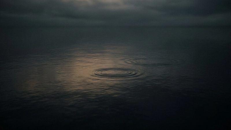 A dark, cinematic editorial photograph of faint concentric ripples expanding across a quiet, shadowed body of water under an overcast twilight sky.