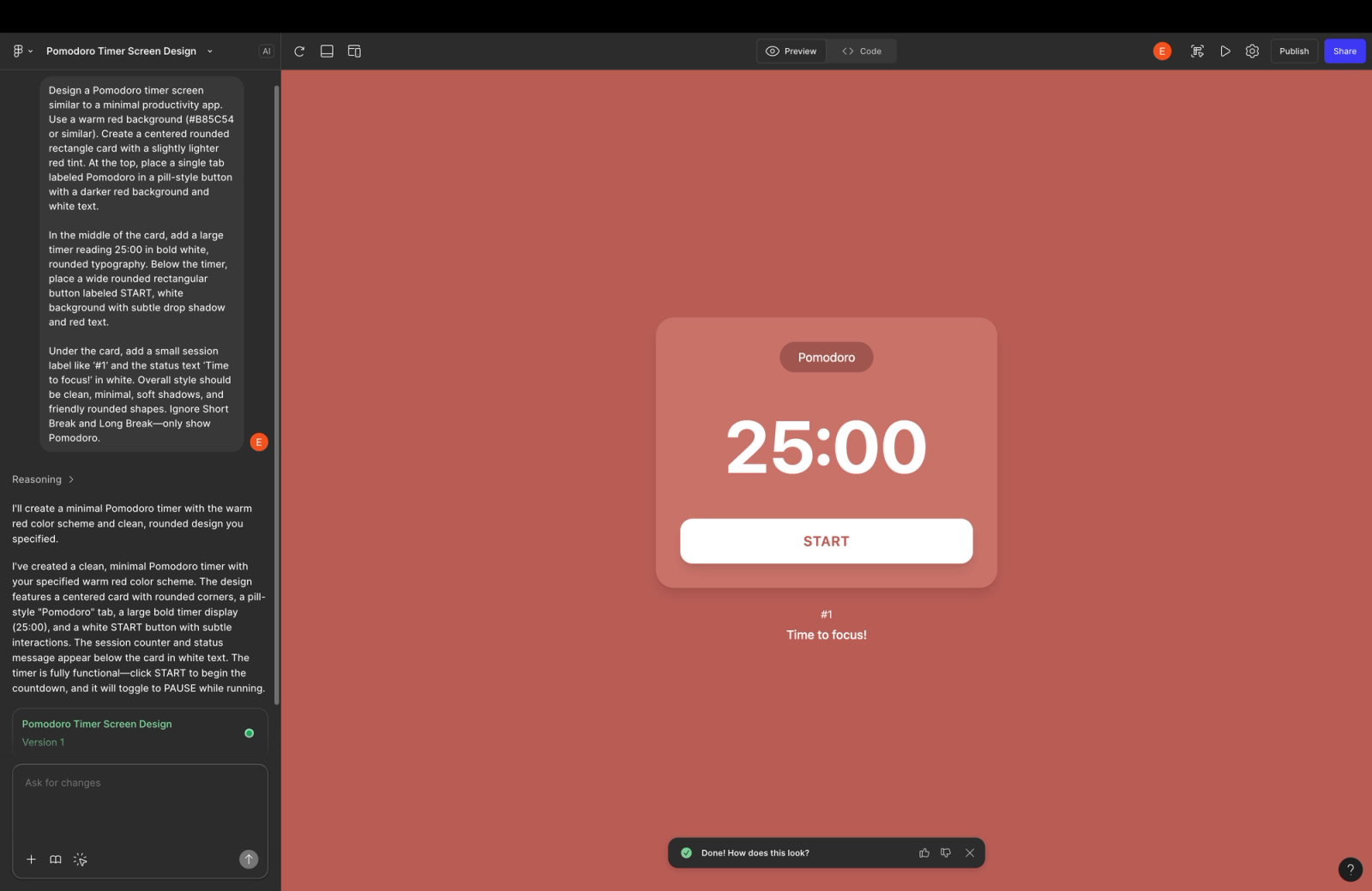 Design editor interface showing a Pomodoro timer app with a 25:00 countdown, “Start” button, and a sidebar containing UI instructions and layout details.