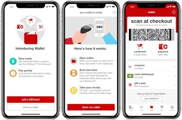 Three smartphone screens showing a digital wallet app. Includes features like barcode scanning, transaction options, and checkout process.