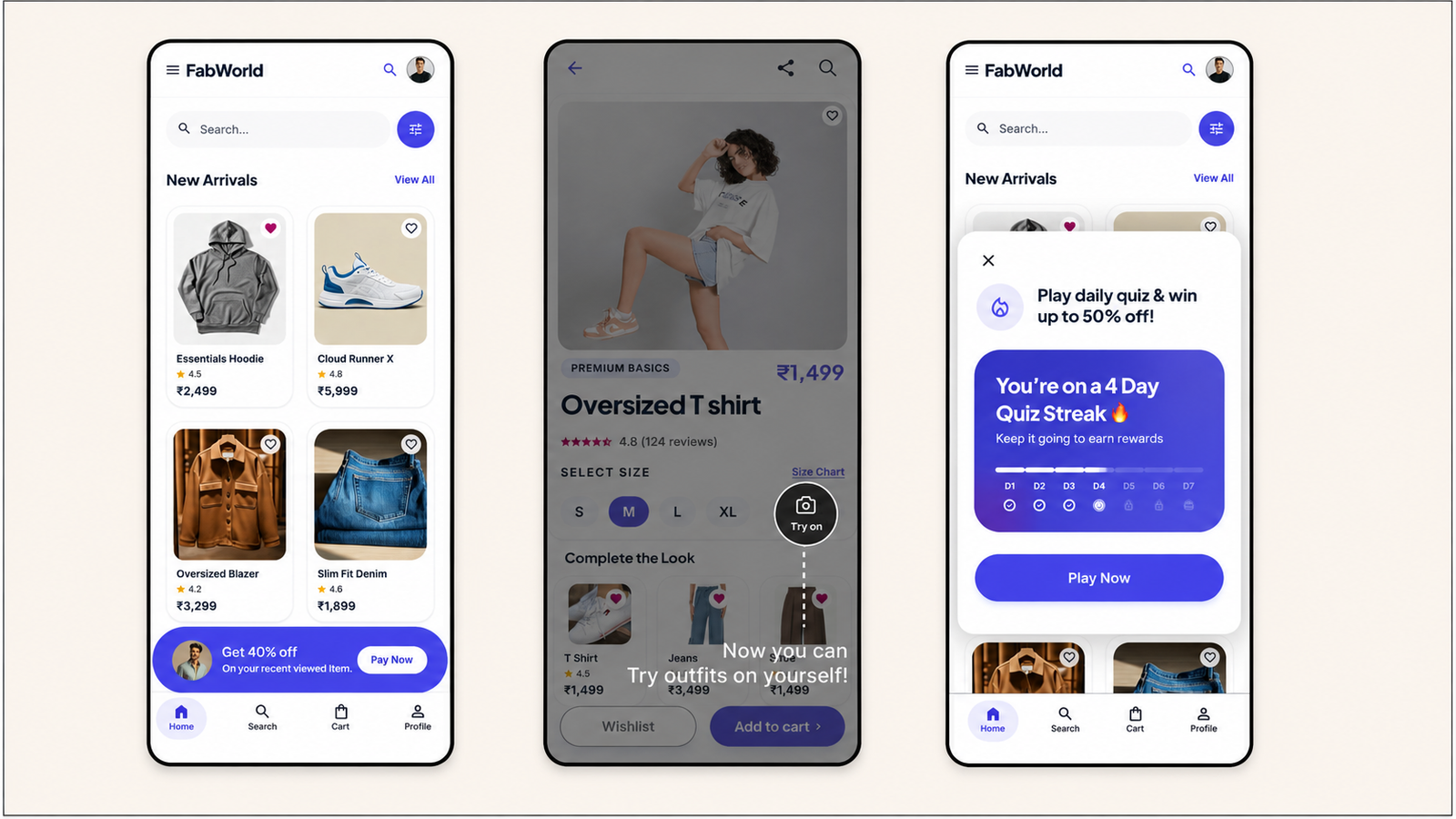 Three mobile app screens demonstrating Digia Engage in-app experiences: a shopping home screen with a personalised discount banner, a product page with an interactive “Try on” feature, and a gamified quiz streak pop-up offering rewards.