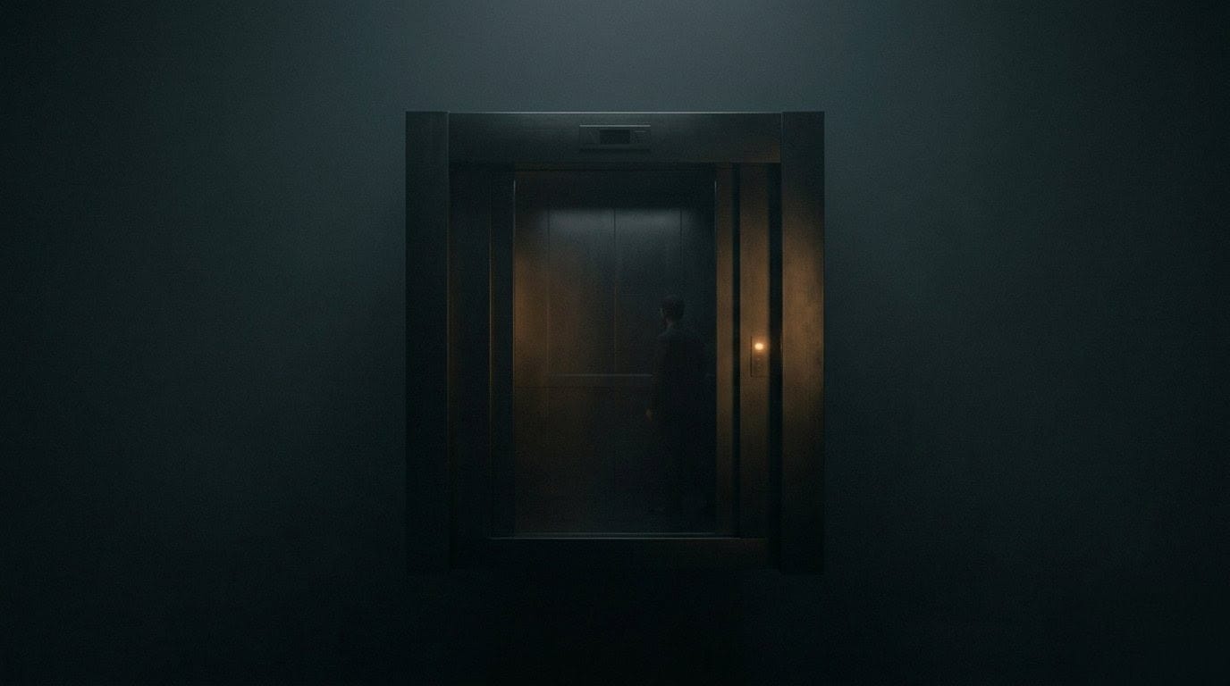 A man stands in a dimly lit elevator with closed doors. A subtle orange glow highlights muted gray walls, creating a mysterious atmosphere.