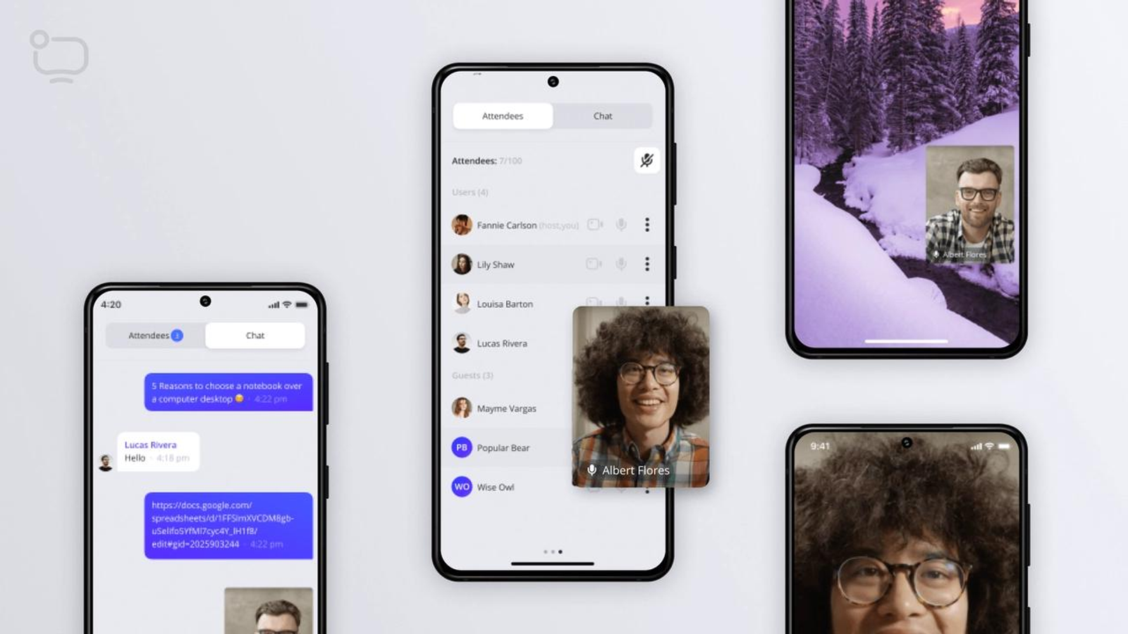 Mobile app interfaces showing live chat, attendee management, and video interaction features across multiple smartphone screens.