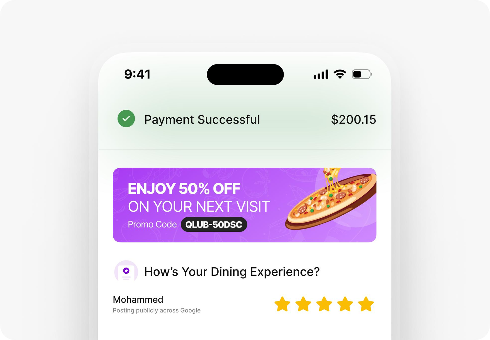 Mobile app confirmation screen with an embedded customer satisfaction survey integrated into the page, allowing users to provide feedback without interrupting the app experience.