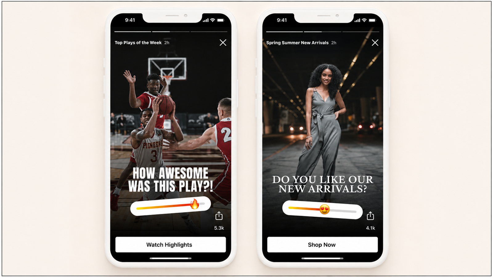 Two smartphone mockups showing in-app interactive content: the left displays a basketball highlight with an emoji reaction slider and “Watch Highlights” button; the right shows a fashion new-arrivals promotion with a reaction slider and “Shop Now” button.