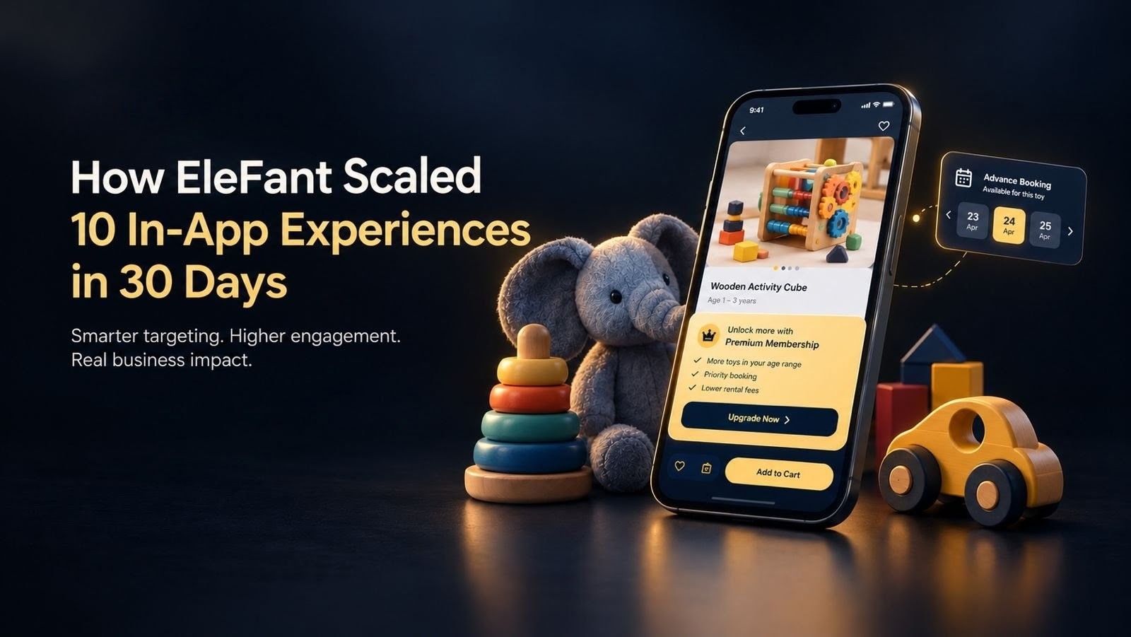 EleFant case study hero image showing a toy-rental mobile app with a membership upsell and advance-booking experience, alongside children’s toys, with the headline ‘How EleFant Scaled 10 In-App Experiences in 30 Days.’