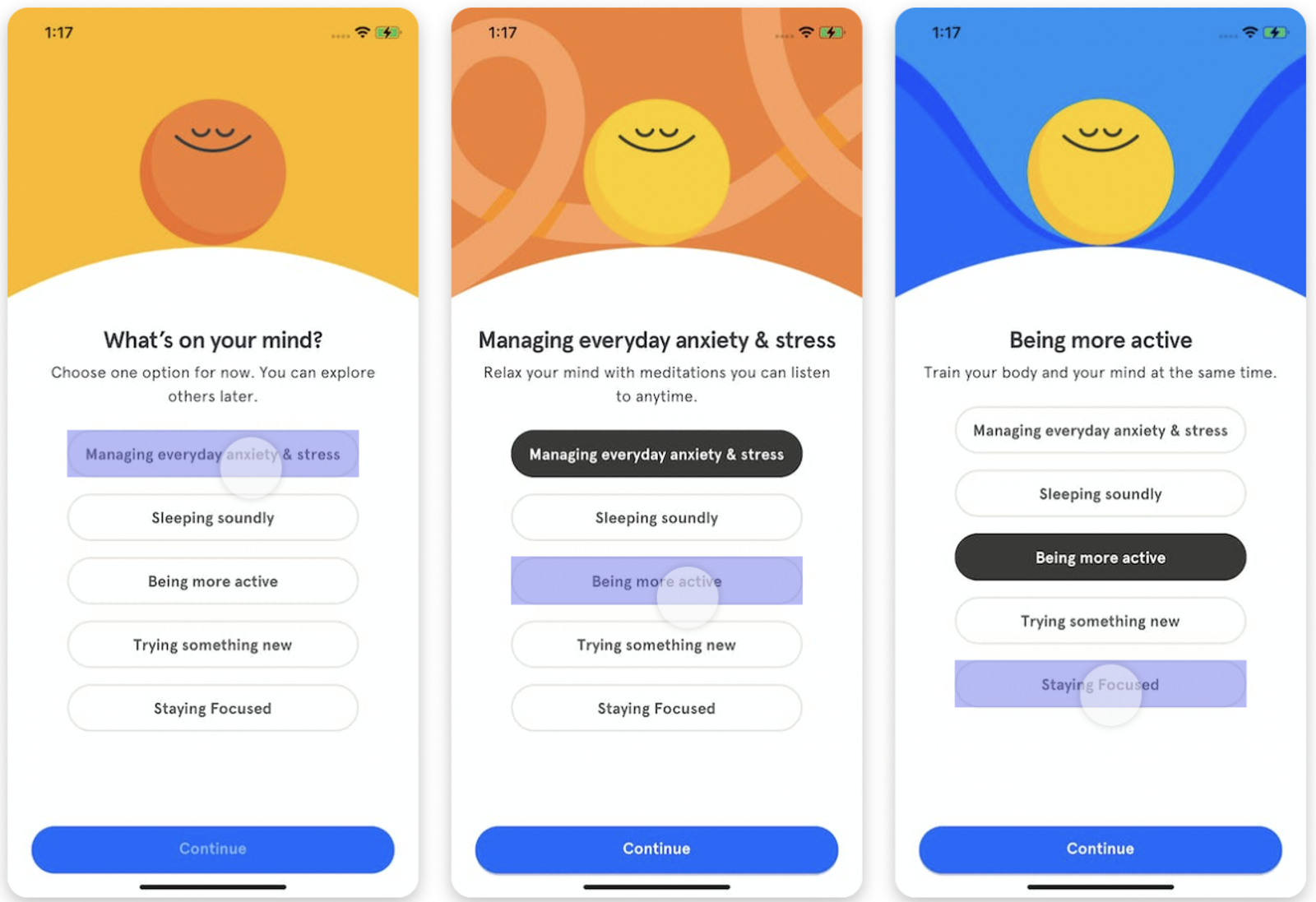 Three app screens with colored backgrounds and smiling face icons. Options include anxiety, sleep, and activity. "Continue" button at bottom.