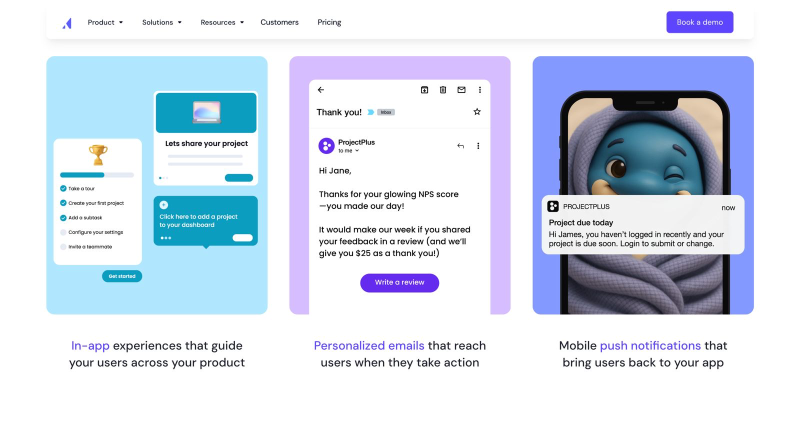 In-app onboarding UI, personalized email message, and mobile push notification examples showing multi-channel user engagement with Appcues