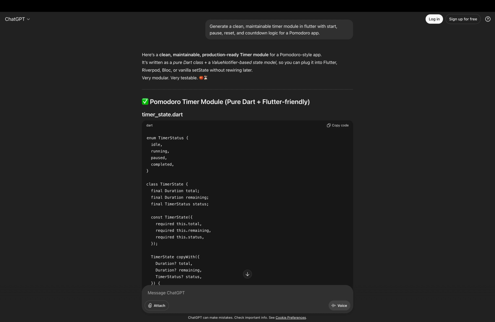 ChatGPT interface displaying a generated “Pomodoro Timer Module (Pure Dart + Flutter-friendly)” with Dart code for timer state, status enum, and logic structure.