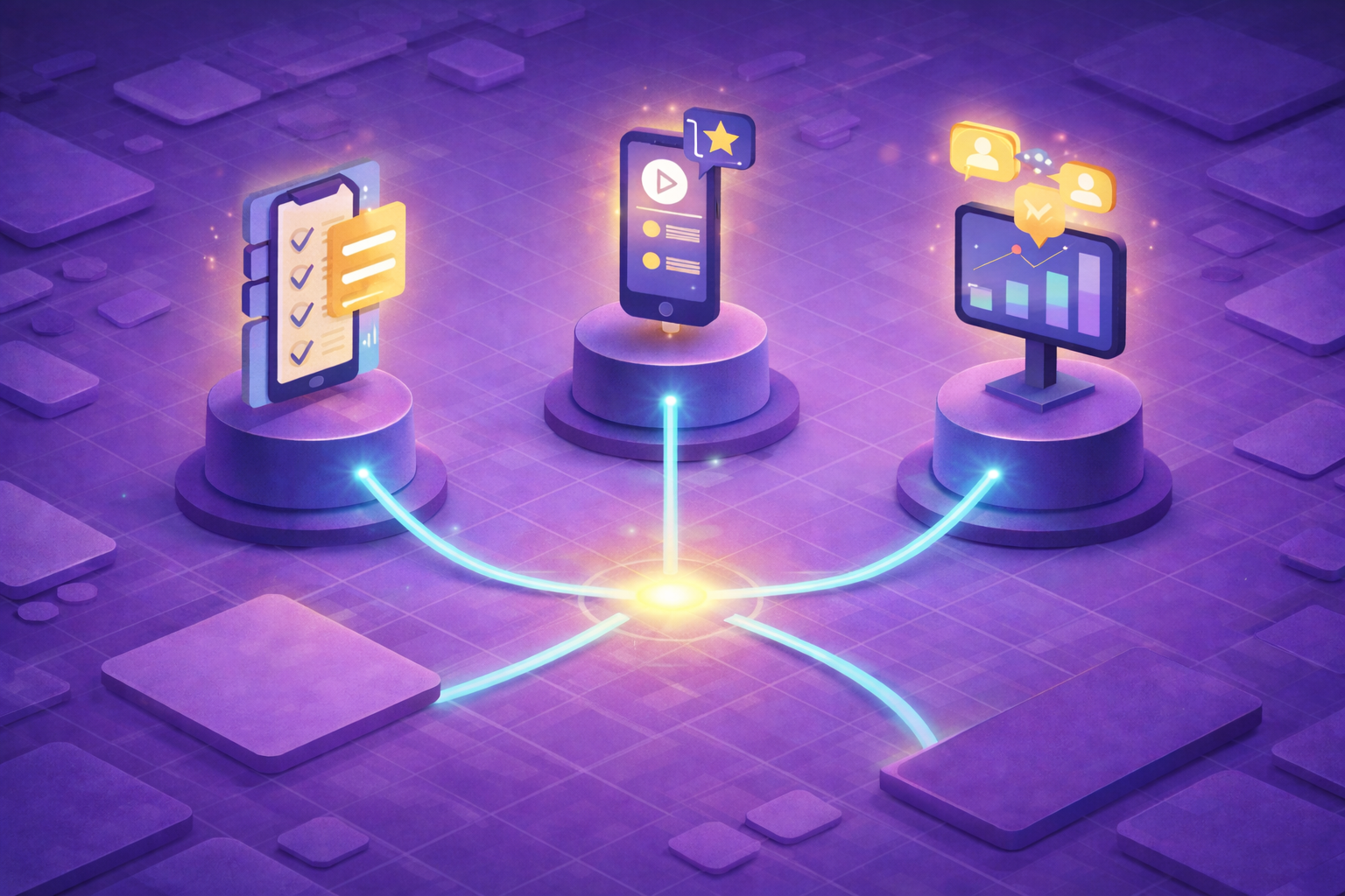 “Abstract illustration of connected mobile app engagement pillars, showing task completion, feature activation, and user insights linked through a central hub.”