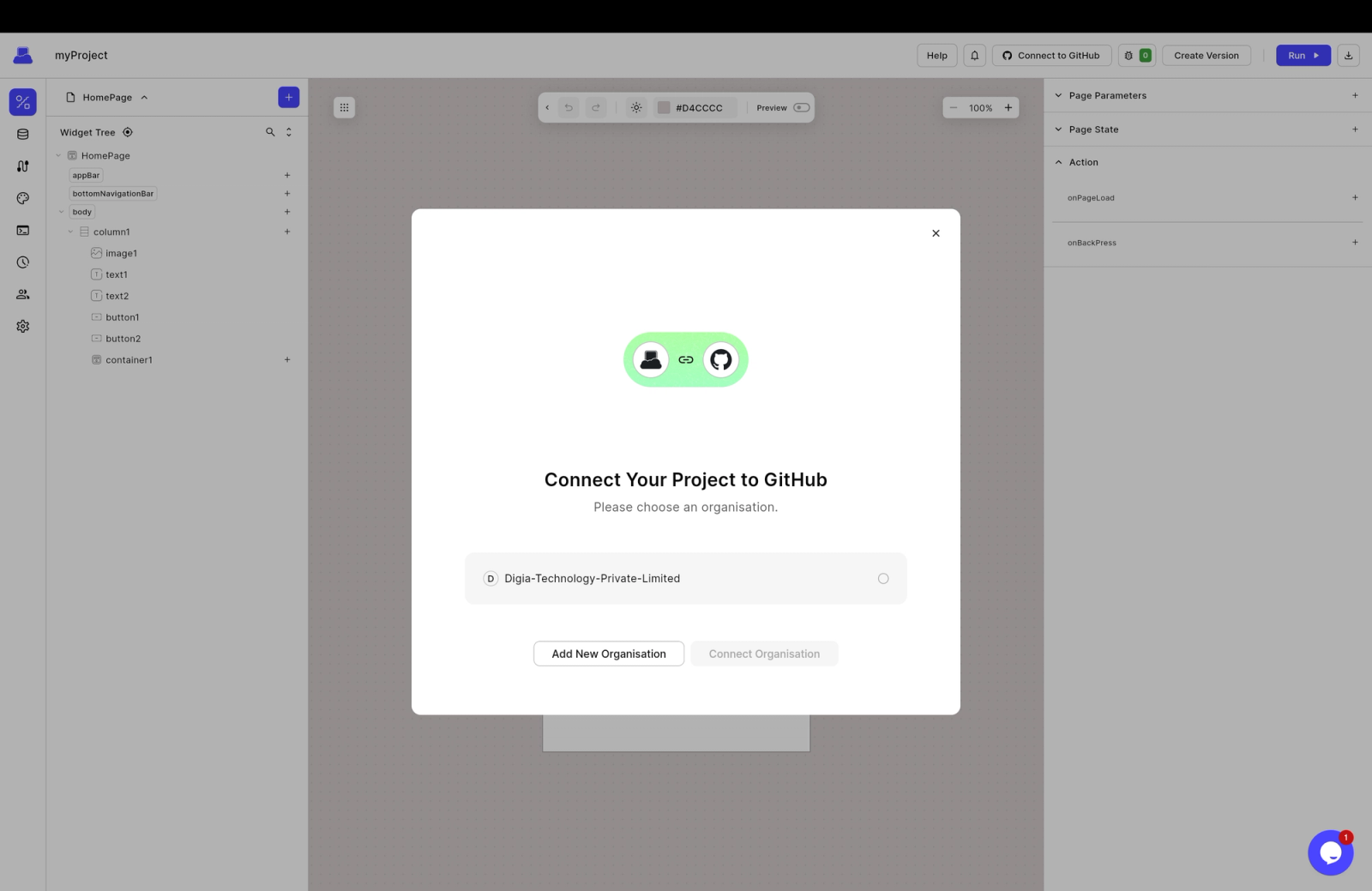 App builder interface showing a project connected to GitHub, with a widget tree on the left and a central panel prompting organization selection for repository integration.