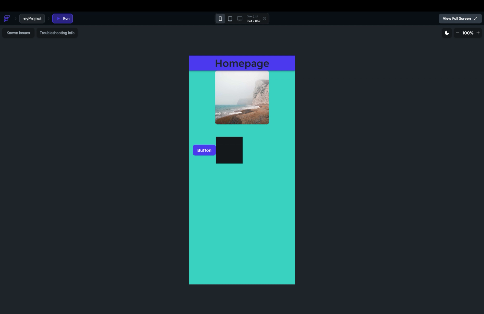App builder preview showing a mobile screen labeled “Homepage” with a header, an image, a button, and a colored background layout.