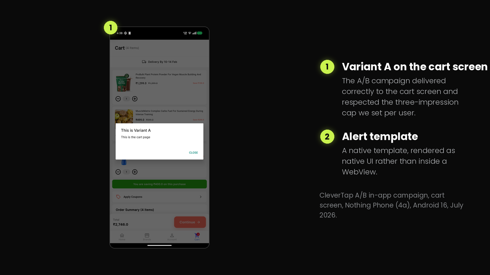 CleverTap A/B test variant rendered as a native alert template on the cart screen of a live Flutter test app