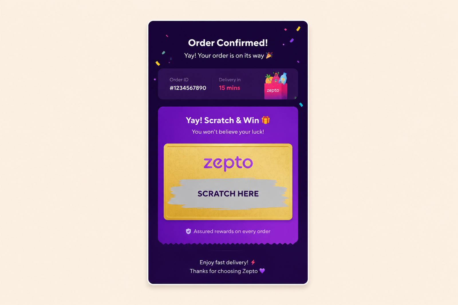 A mobile app order confirmation screen featuring a "Scratch & Win" reward card immediately after purchase. The interface displays an order confirmation message, delivery details, and a gold scratch card inviting users to reveal a surprise reward. The design highlights a post-purchase engagement mechanic that encourages repeat orders through gamified, variable rewards.