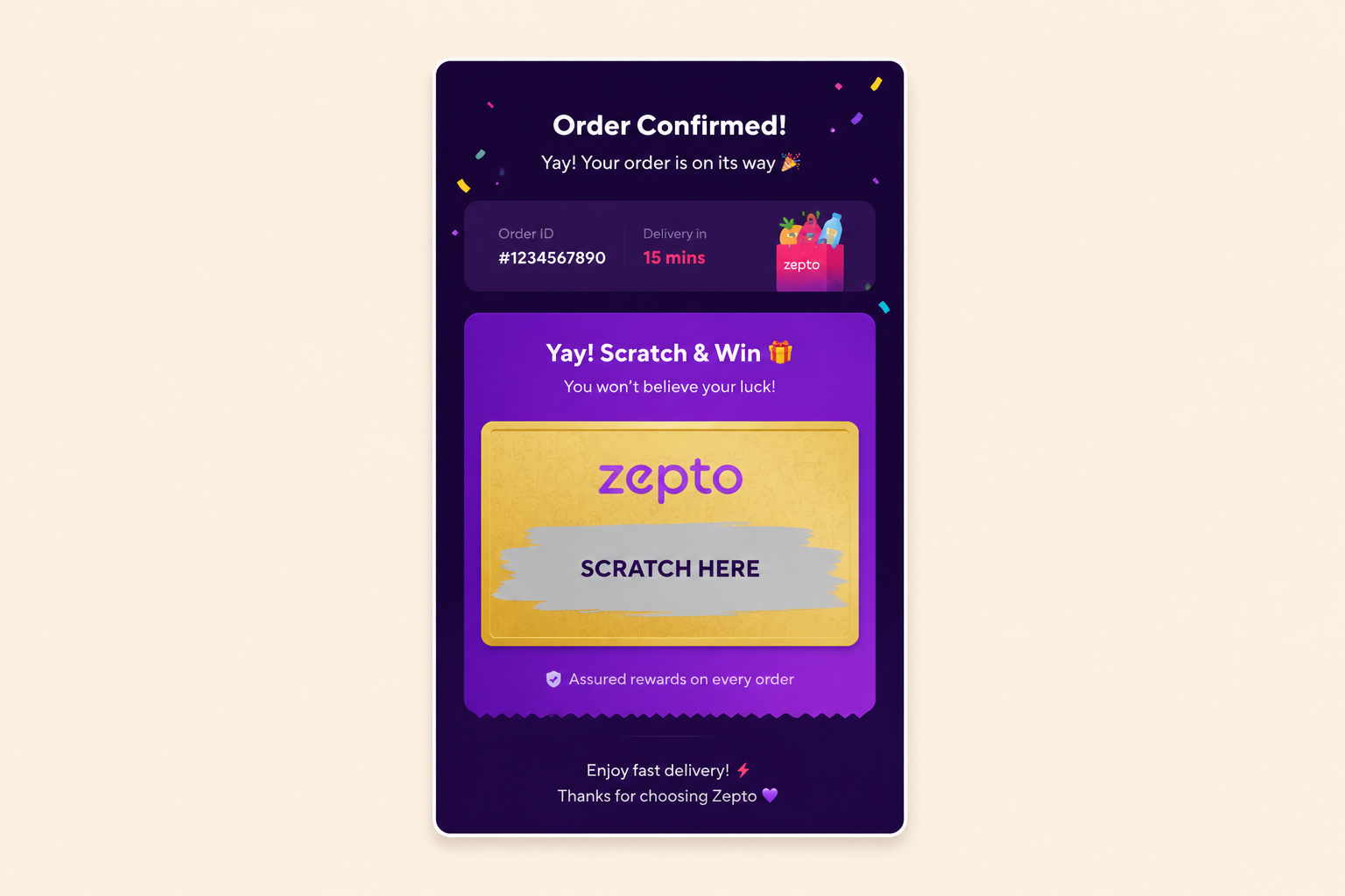 A mobile app order confirmation screen featuring a "Scratch & Win" reward card immediately after purchase. The interface displays an order confirmation message, delivery details, and a gold scratch card inviting users to reveal a surprise reward. The design highlights a post-purchase engagement mechanic that encourages repeat orders through gamified, variable rewards.