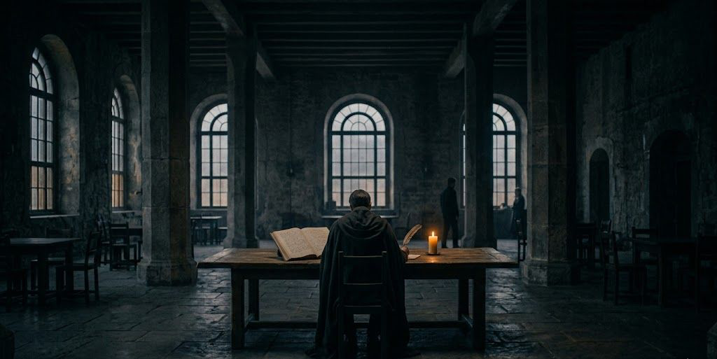 A dark, minimalist scene showing a glowing, arched doorway with a shadowy figure standing inside, partially reflected on a glossy floor, creating a mysterious and atmospheric mood.
