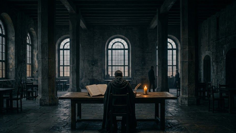 A dark, minimalist scene showing a glowing, arched doorway with a shadowy figure standing inside, partially reflected on a glossy floor, creating a mysterious and atmospheric mood.