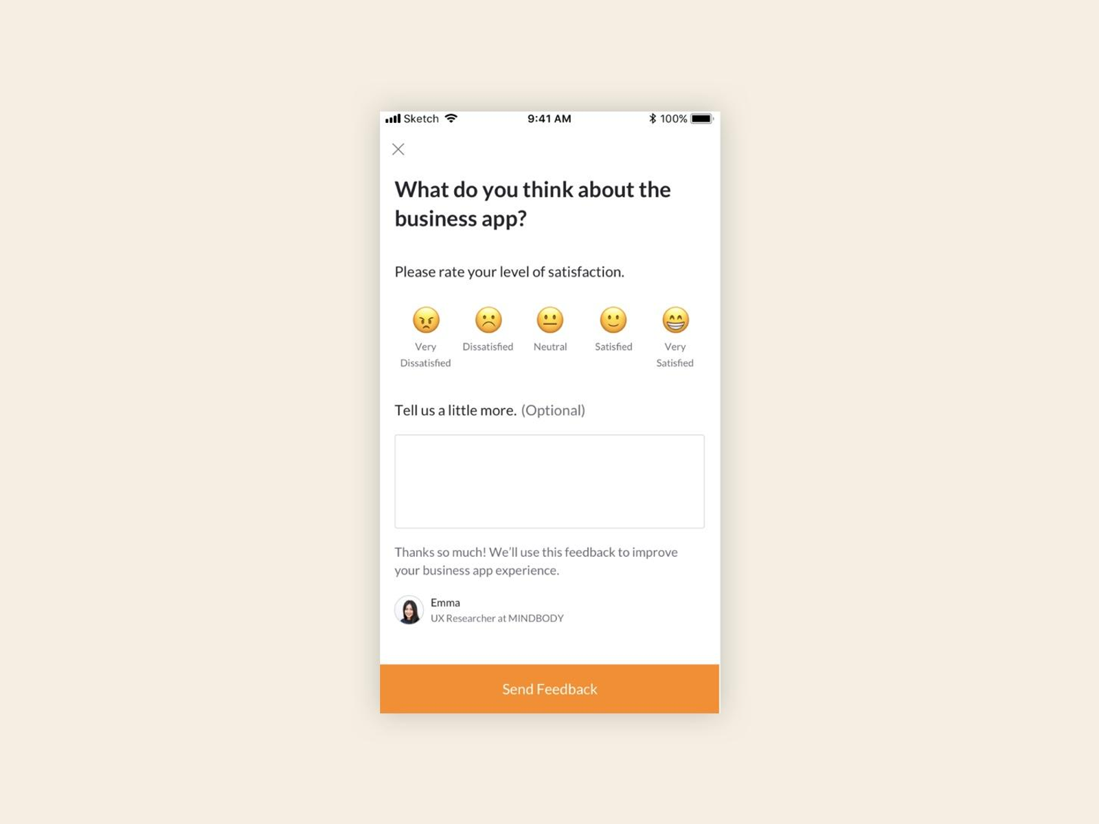 Native in-app customer feedback survey with emoji ratings and NPS score options.