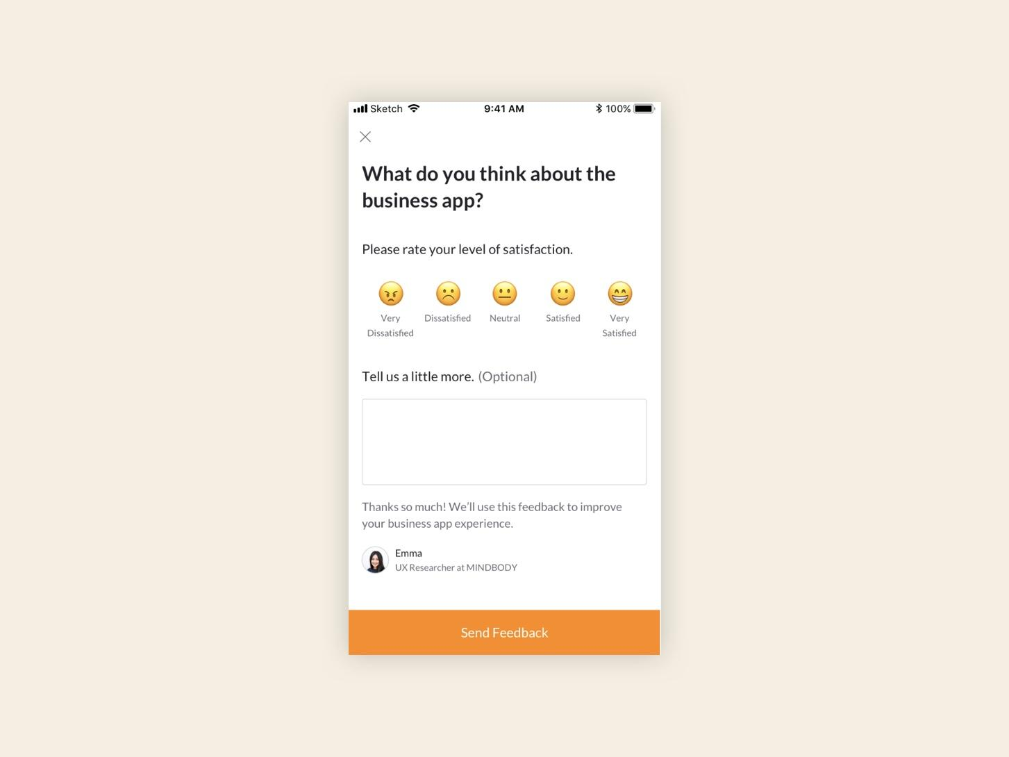 Native in-app customer feedback survey with emoji ratings and NPS score options.