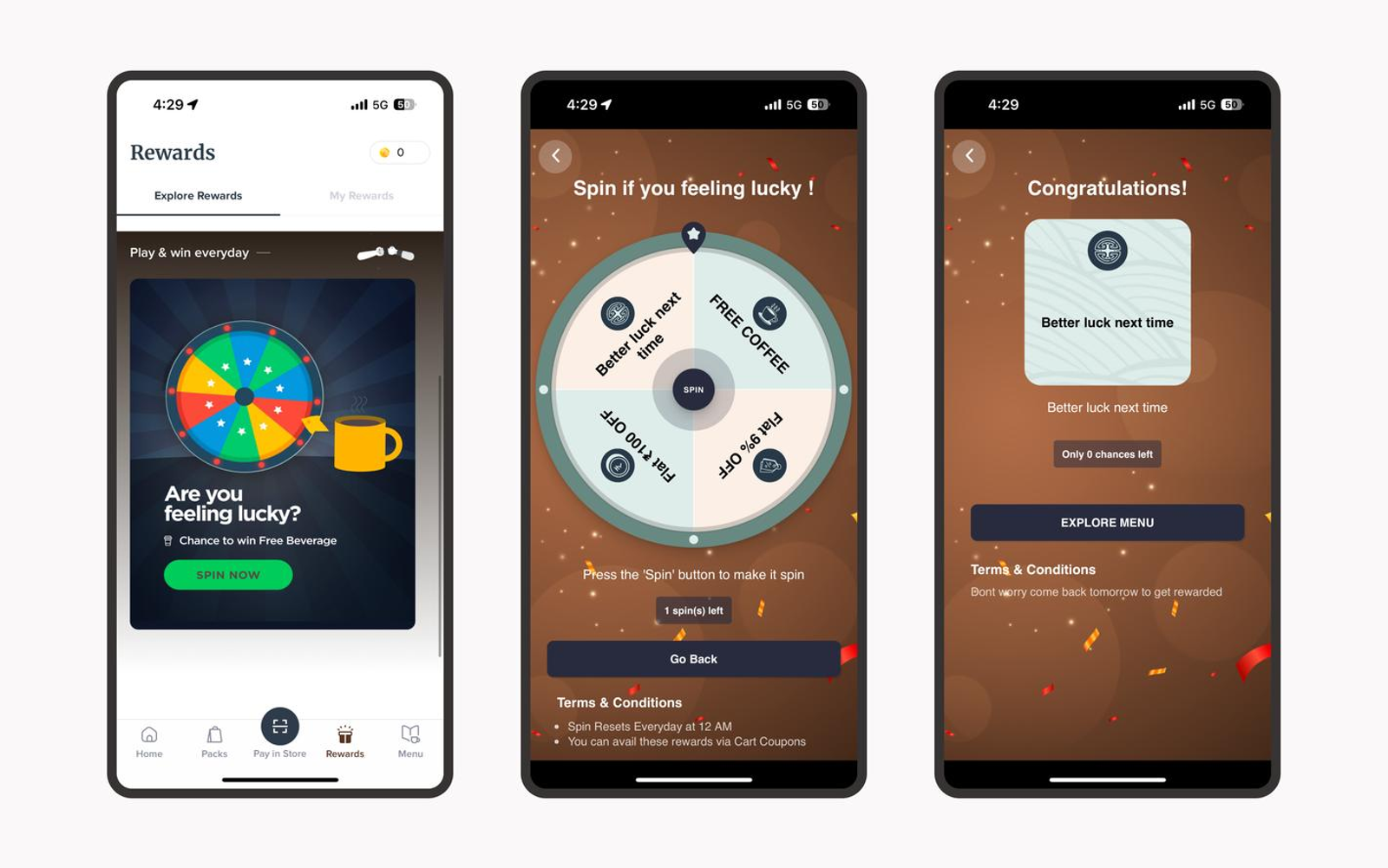 Scratch card and spin wheel interfaces commonly used in fintech and commerce apps to deliver variable rewards.