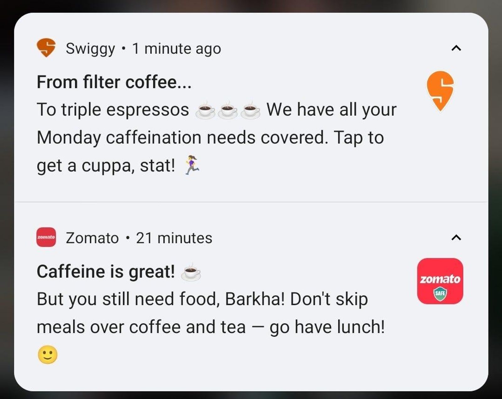 Contextual food recommendations displayed in a mobile app during lunchtime.