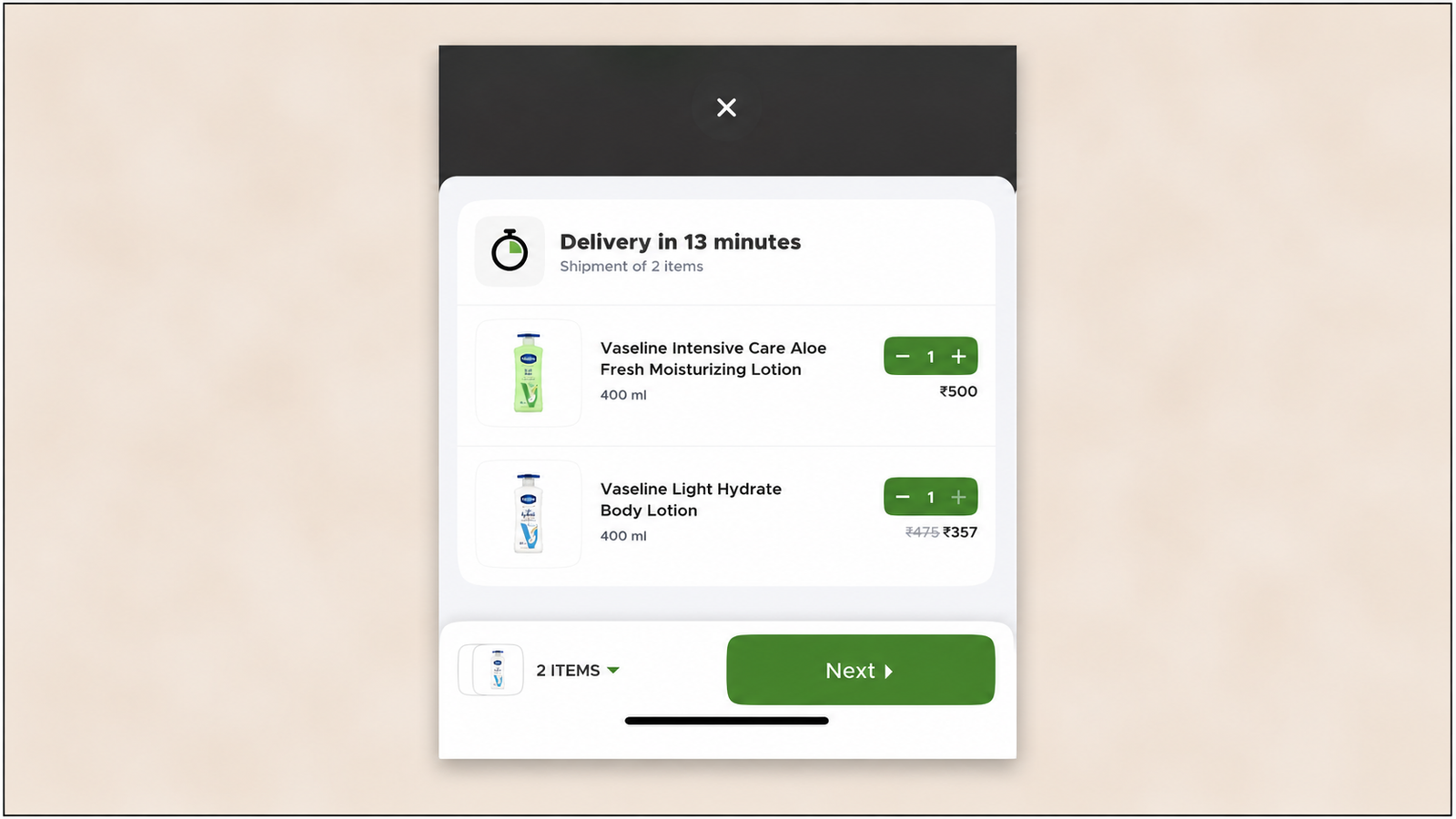 Mobile shopping checkout interface showing delivery in 13 minutes for two Vaseline body lotions, including Vaseline Intensive Care Aloe Fresh Moisturizing Lotion at ₹500 and Vaseline Light Hydrate Body Lotion discounted to ₹357, with quantity controls and a green “Next” button.