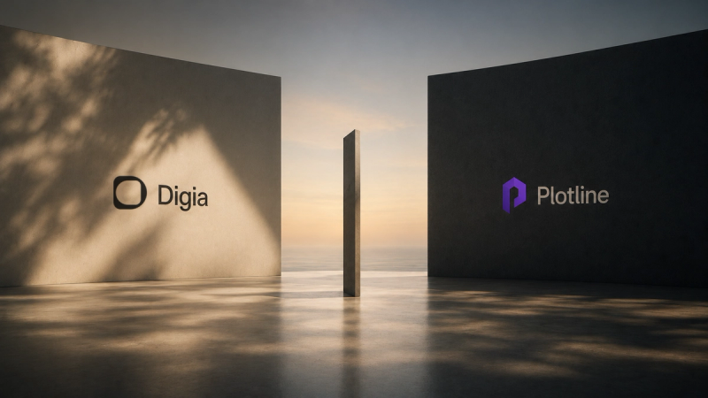 Hero image comparing Digia and Plotline. A minimalist architectural scene features two opposing concrete walls, with the Digia logo on the left and the Plotline logo on the right. A single vertical stone pillar stands centered between them against a warm horizon, symbolizing the architectural differences between the two in-app experience platforms.