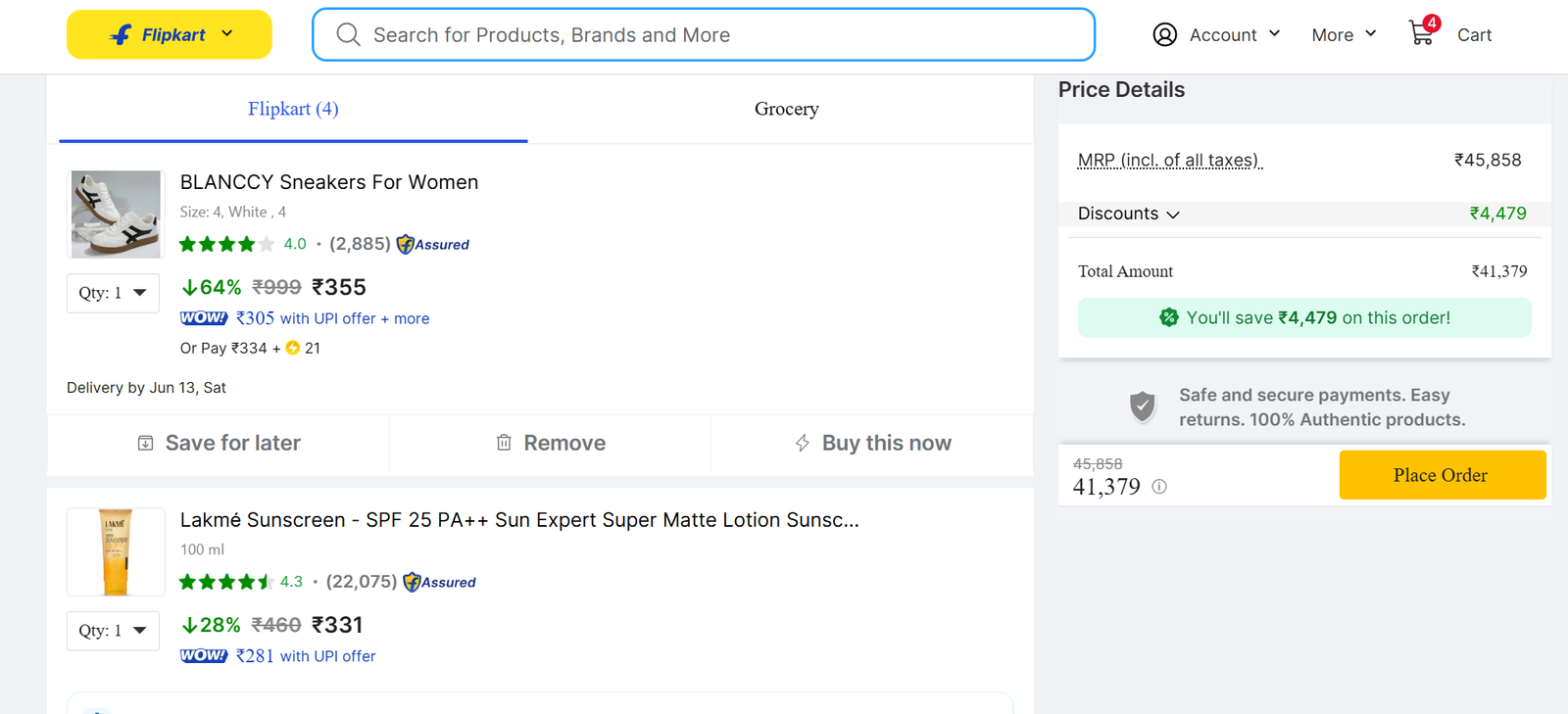 Flipkart mobile shopping cart showing products, pricing, and checkout options.