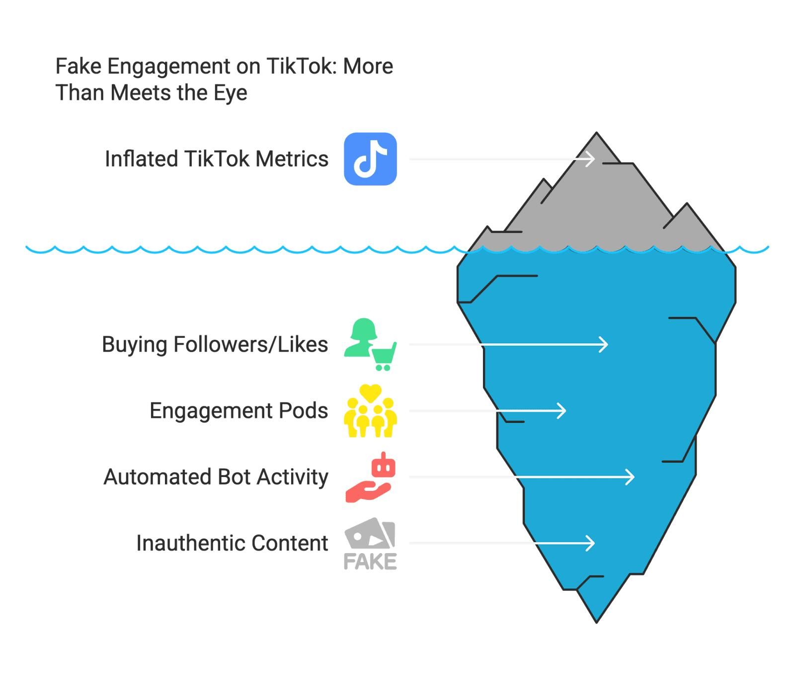 Iceberg graphic illustrating fake TikTok engagement. Top shows inflated metrics; below, buying followers, pods, bot activity, fake content.
