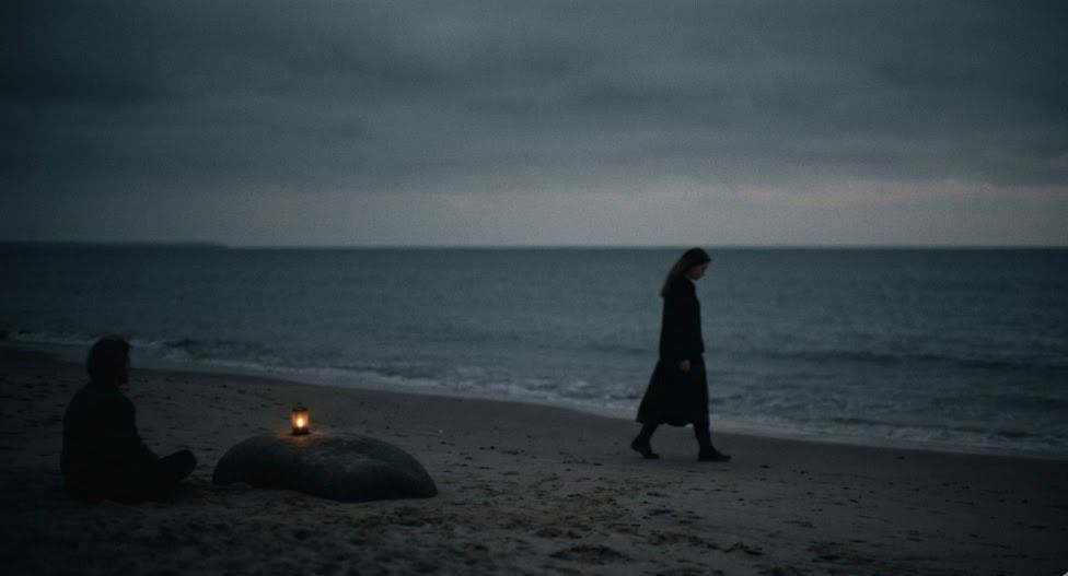 Under a heavy, overcast sky, the scene is dominated by a dark, desaturated palette of deep charcoals, midnight blues, and heavy shadows. On the left, a solitary figure sits quietly on the dark sand near a large, smooth boulder, looking out toward the ocean. Atop the boulder rests a small, single lantern emitting a soft, warm amber glow—the only source of light in the dim environment. To the right, a second figure in dark clothing walks along the shoreline, moving quietly across the frame. The overall mood is deeply restrained, calm, and melancholic, evoking the feel of an editorial fine-art photograph.