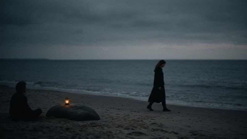 Under a heavy, overcast sky, the scene is dominated by a dark, desaturated palette of deep charcoals, midnight blues, and heavy shadows. On the left, a solitary figure sits quietly on the dark sand near a large, smooth boulder, looking out toward the ocean. Atop the boulder rests a small, single lantern emitting a soft, warm amber glow—the only source of light in the dim environment. To the right, a second figure in dark clothing walks along the shoreline, moving quietly across the frame. The overall mood is deeply restrained, calm, and melancholic, evoking the feel of an editorial fine-art photograph.