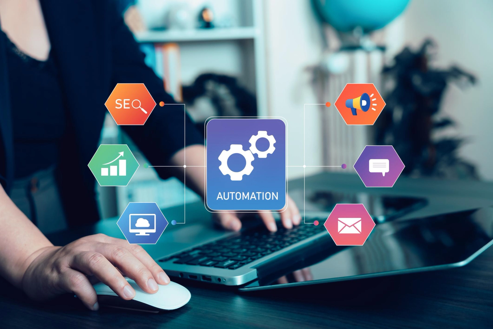 Marketing automation illustration featuring a laptop connected to SEO, email, analytics, messaging, and cloud service channels