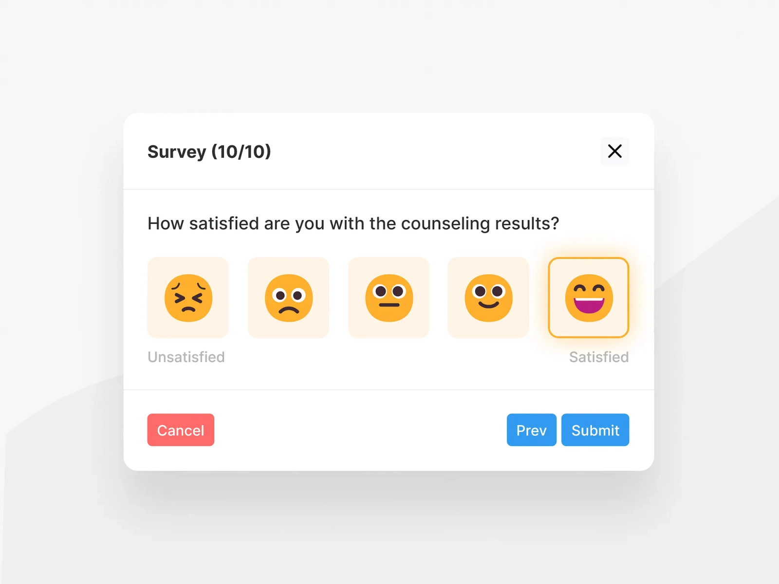 In-app emoji feedback survey asking users to rate their satisfaction with five emoji options, with the happiest emoji selected and submit controls displayed in a clean popup interface.