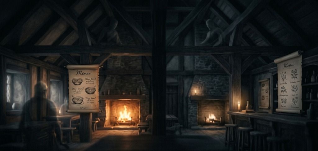 Cozy medieval tavern interior with wooden beams, candlelit tables, handwritten menu scrolls, and a warm fireplace creating a rustic and atmospheric setting.