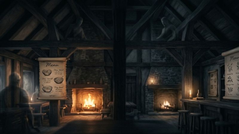 Cozy medieval tavern interior with wooden beams, candlelit tables, handwritten menu scrolls, and a warm fireplace creating a rustic and atmospheric setting.